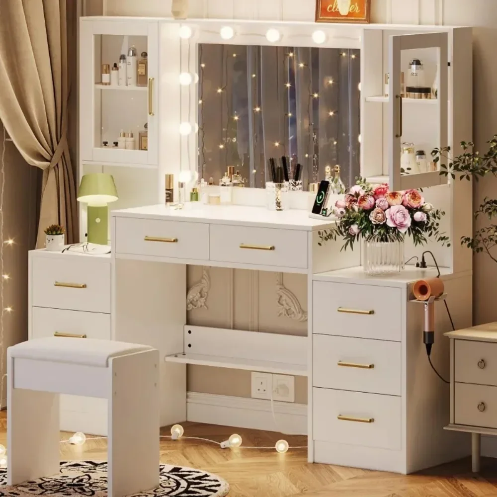 58.3" Vanity Desk with Mirror & Lights, Makeup Vanity with 10 LED Lights, 8 Metal Sliding Drawers & 2 Cabinets, White Vanity Set image 6