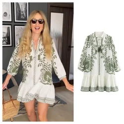 PB&ZA2024 Summer New Women's Fashion, Elegance, Leisure, Loose and Versatile Printed Tassel Lace up Mini Dress