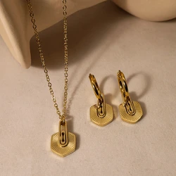 WILD & FREE Trendy Geometric Hexagonal Pendant Stainless Steel Necklace Vintage Drop Earrings Women Jewelry Set