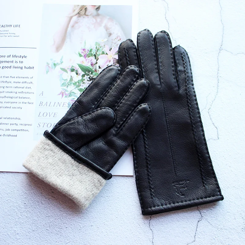 Genuine Leather Wloves Women\'s Deer Skin Wool Lining Thin Autumn Warmth Outdoor Motorcycle Driving Fashion Driver Gloves