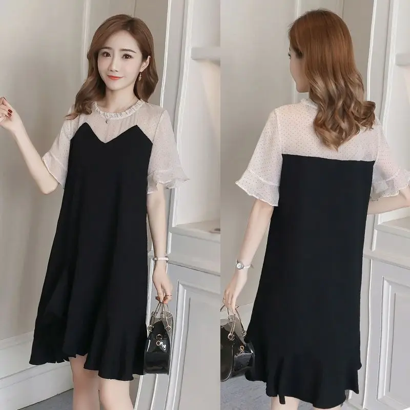 الحلو تكدرت الرقبة البولكا نقطة وهمية قطعتين فستان كاجوال الملابس النسائية 2025 صيف جديد فضفاض فراشة كم فساتين صغيرة