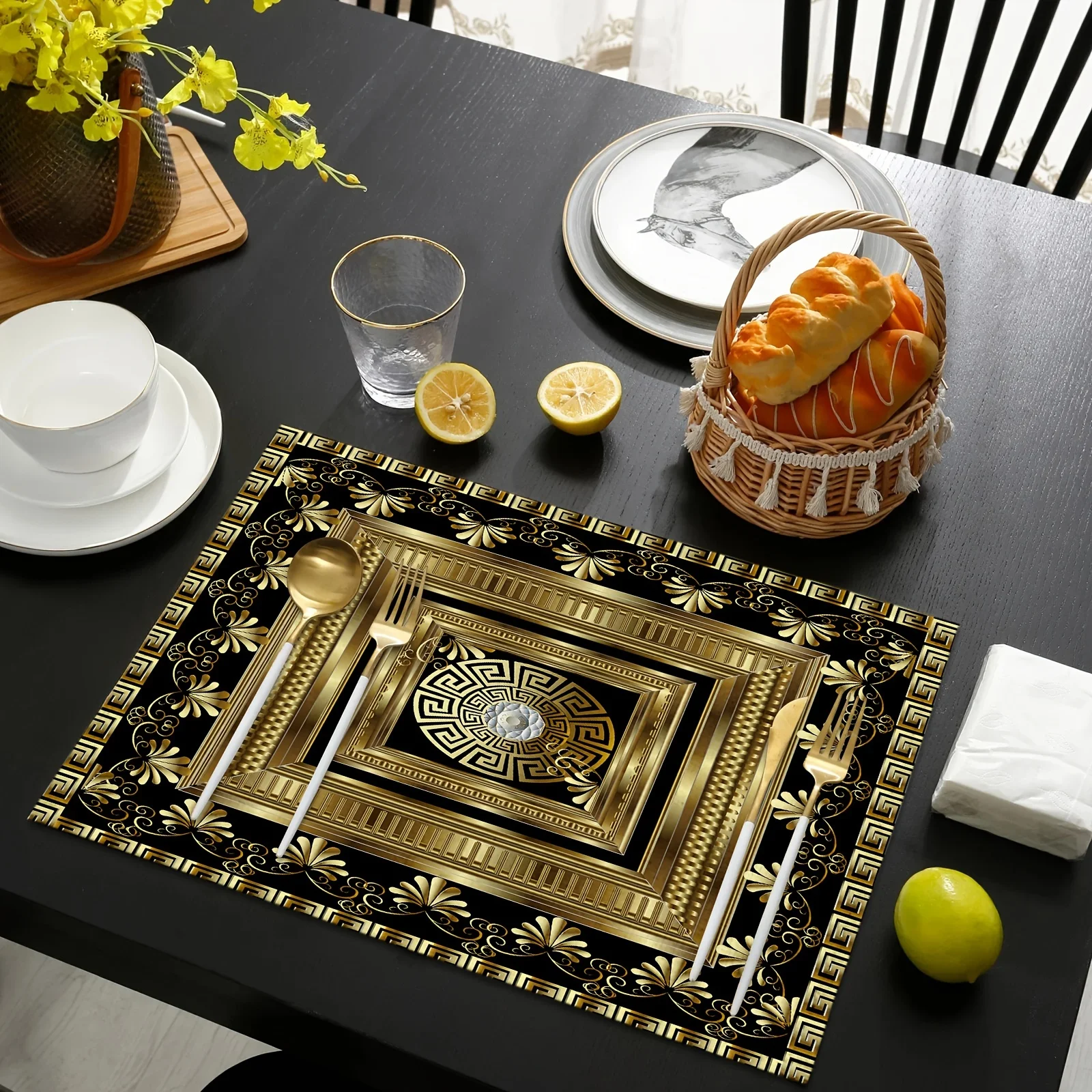 1PC Luxury Black Golden Linen Table Mats Greece Geometric Rectangle Printed Rectangular And Decoration Table Mats