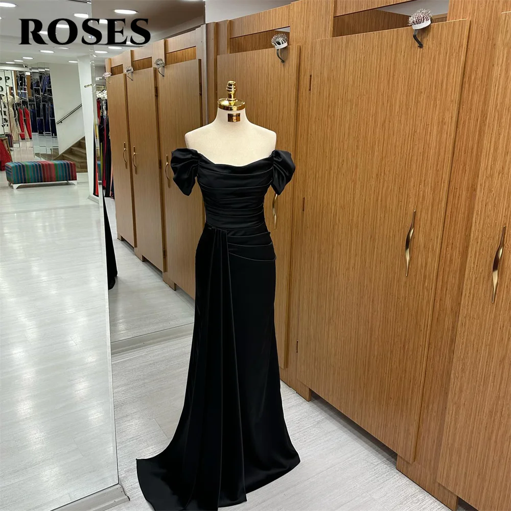 

ROSES Black Trumpet Chic Woman Evening Dresses Gown Pleat Off the Shoulder Ball Gown Stain Night Dresses Gown robes de soirée