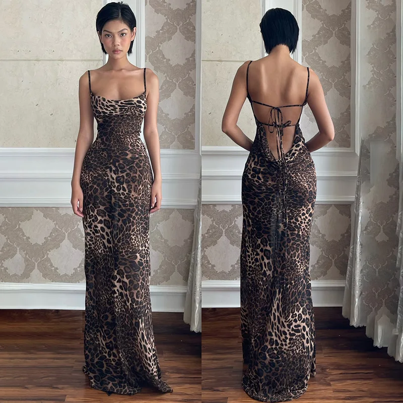 

Spice Girl Dress Leopard Print Halter Dress V-neck Strap Summer Dress Women's Suspender Skirt Hip Skirt