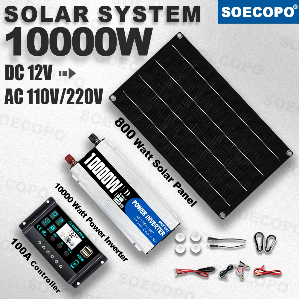 SOECOPO 10000W Peak Solar System Kit 800W Panel 100A Controller 12V 220V Inverter Generator for Camp Home charger power bank