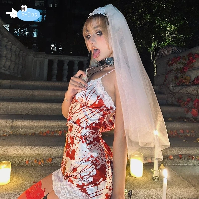 Halloween Scary women Costumes Prom Dresses bloody print sexy suspender loose lace skirt cosplay bride veil dress for sexy lady