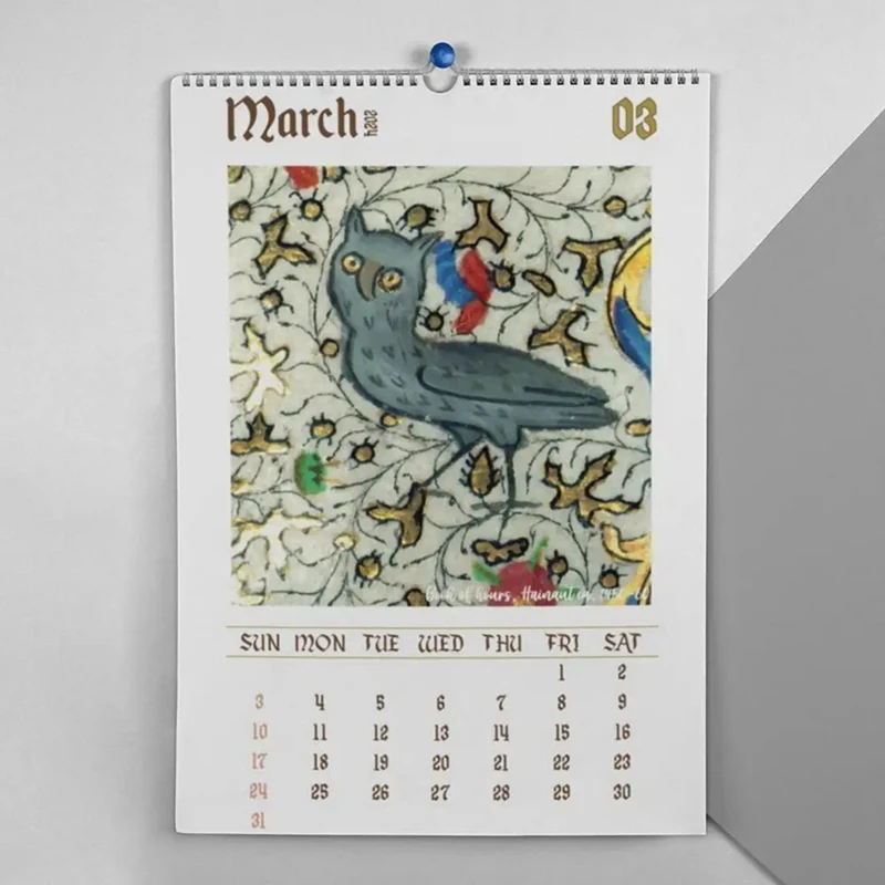 Calendario de pared Medieval, calendario de pared de búho feo 2024, calendario colgante de Año Nuevo de Dargon 2024, planificador de 12 meses, pinturas de aves, regalo