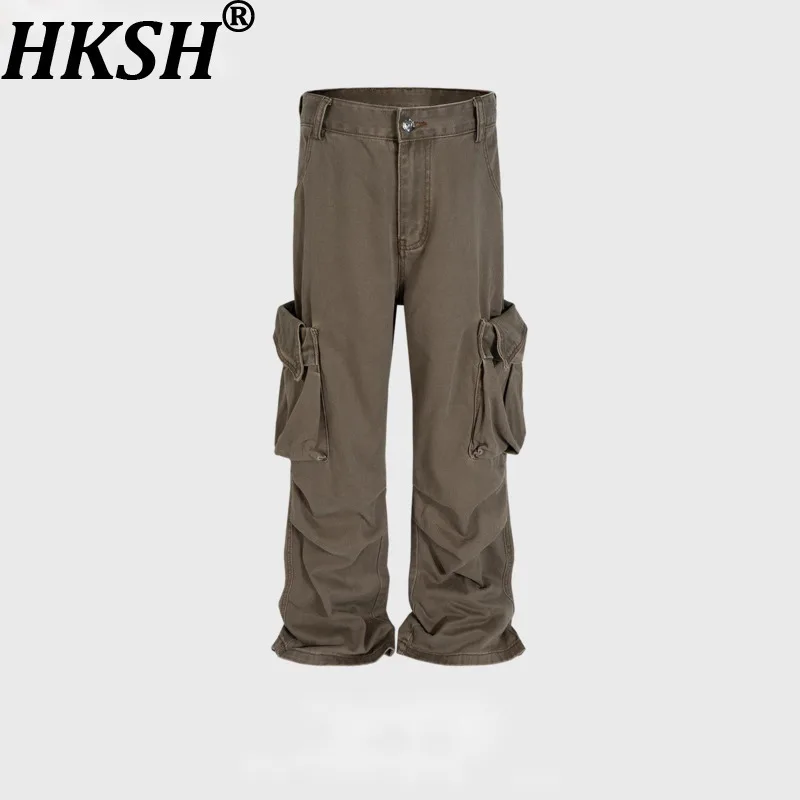 

HKSH весна осень новые мужские уличные плиссированные широкие джинсы с несколькими карманами трендовые модные женские джинсовые брюки в стиле панк HK14260