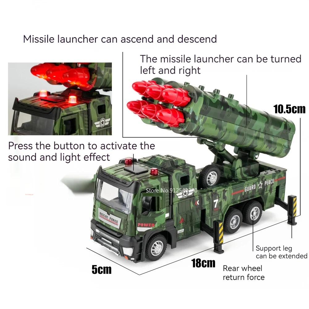 1/32 Scale Military Missile Rocket Launcher Trucks Metal Diecasts Model Toy Vehicle Sound and Light Pull Back Car Toys for Boys