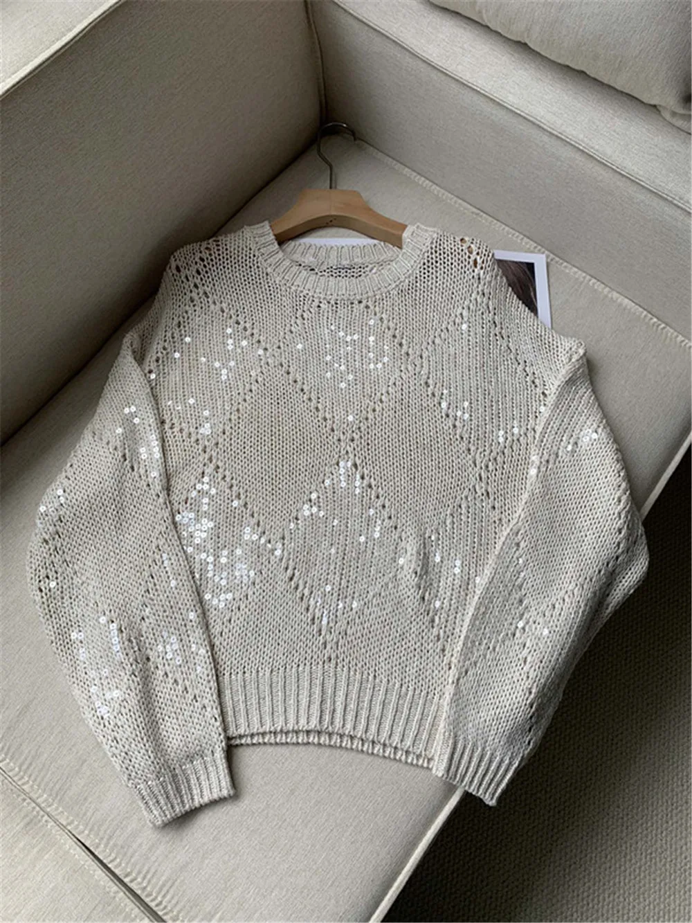 Sequins Decorated Knitted Sweater Hollow cotton linen Blended Pullover Top