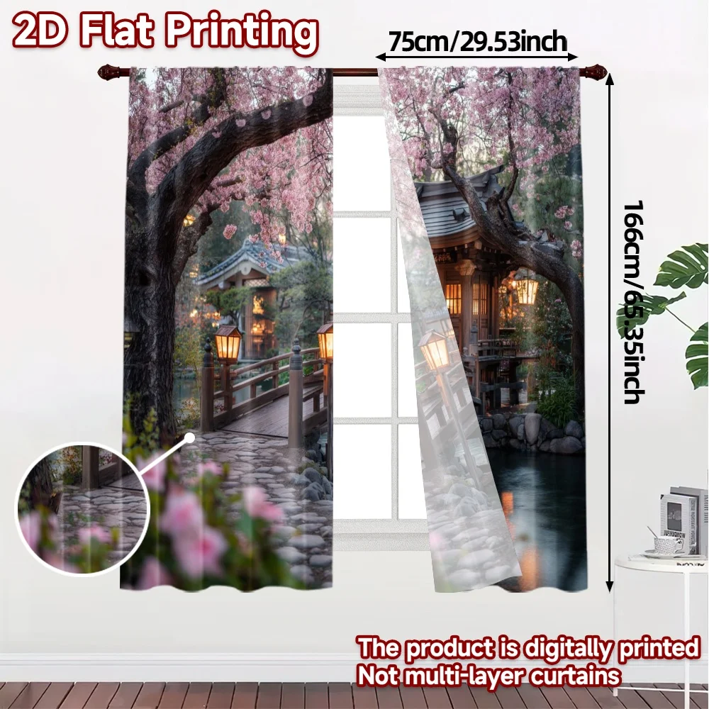 2pcs, 2D FLAT PRINTING Curtains (Without Rod) Serene Sakura Bridge Modern Modern Curtain Versatile Polyester Fabric Curtains