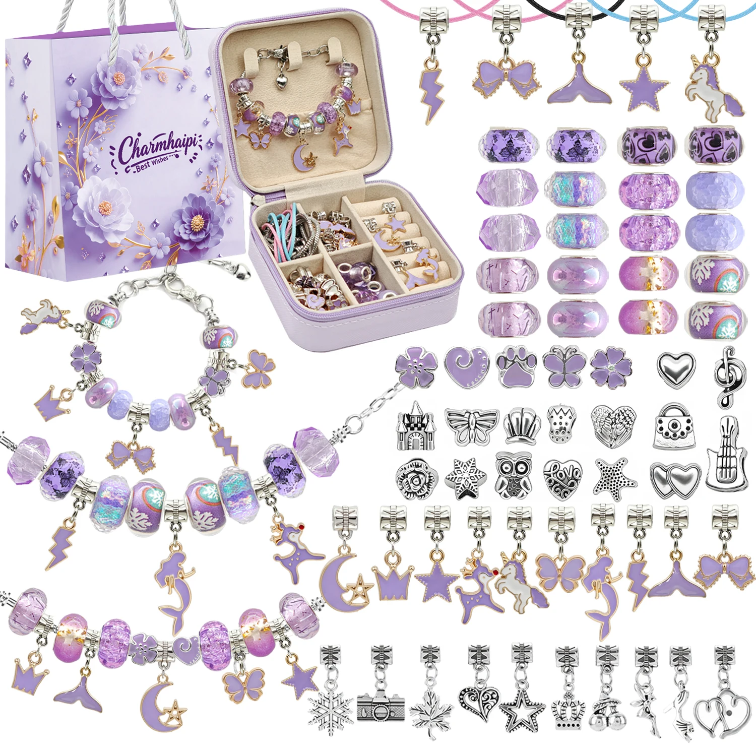 68Pcs Violet Themed DIY Bead Jewelry Making Kit Jewelry Box And Gift Bag For Handcrafted Jewelry Christmas and Birthday Gifts