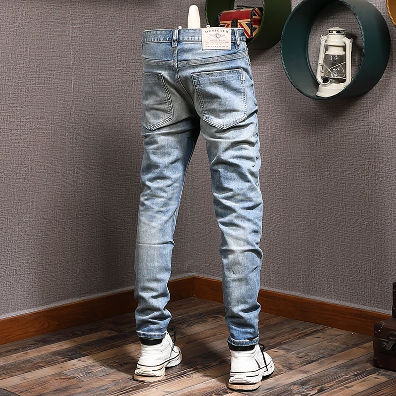 Italian Style Fashion Men Jeans Retro Light Blue Elastic Slim Fit Ripped Jeans Men Trousers Vintage Designer Denim Pants Hombre