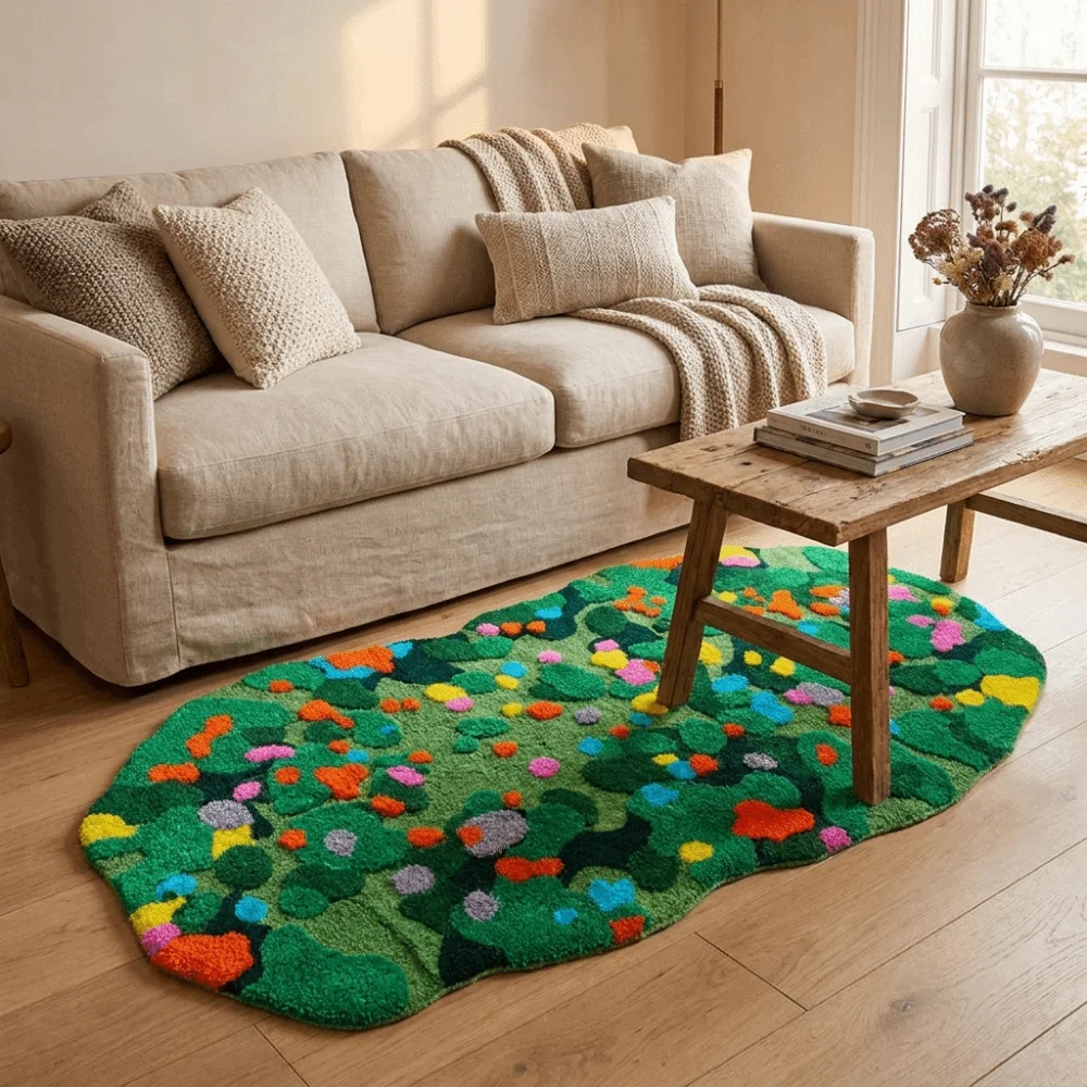 Comfortable Irregular Imitation Cashmere Carpet Non Slip Absorbent Bedside Carpet Soft Flower Pattern Green Moss Rug Bedside