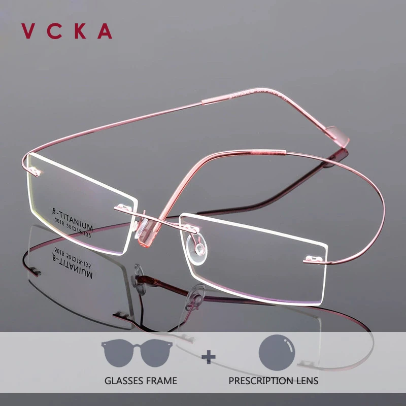 VCKA Rimless Square Men Business Myopia Hyperopia Glasses Frame Super light Titanium Alloy Anti Blue Prescription Optics Eyewear