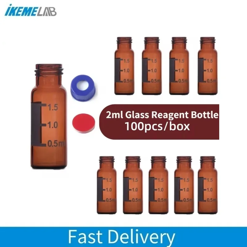 IKEME 100PCS 2ml HPLC 9-425 Clear Glass Vial Amber Bottles With Writing and Lid Laboratory Reagent Bottle