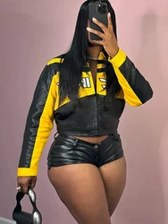 Weird Puss Faux Leather Crop Jacket Women Letter Embroidery Patchwork Lapel Zip Full Sleeve Fall Trend Streetwear Hipster Coat