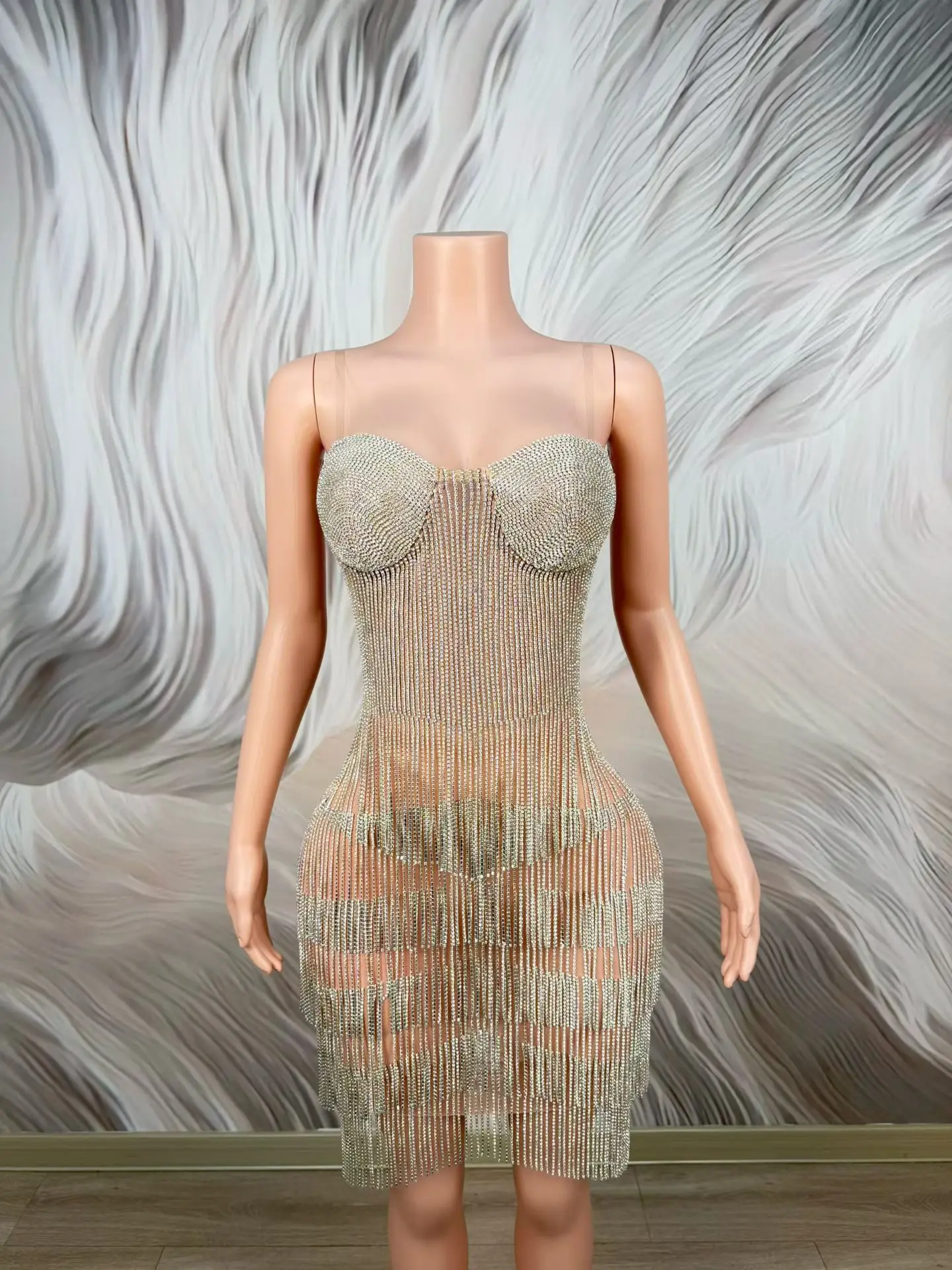 Shatan Luxury Silver Crystal Fringe Short Dress Sweetheart Neck Sheer Mesh Bodycon Singer Performance Outfit
