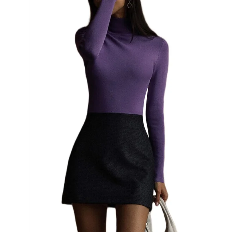 

ABWE-Women's Long-Sleeved Shirt Autumn And Winter Fashion Basic Thermal Underwear Tops Purple M