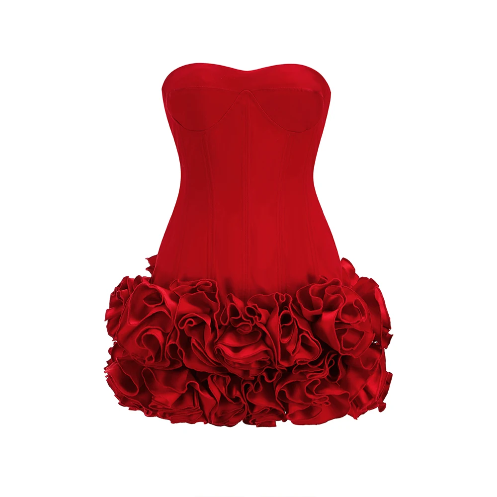 VC kerstjurk strapless rugloze rode gestructureerde bloemen verfraaide mini-lengte bodycon celebrity party cocktailjurk