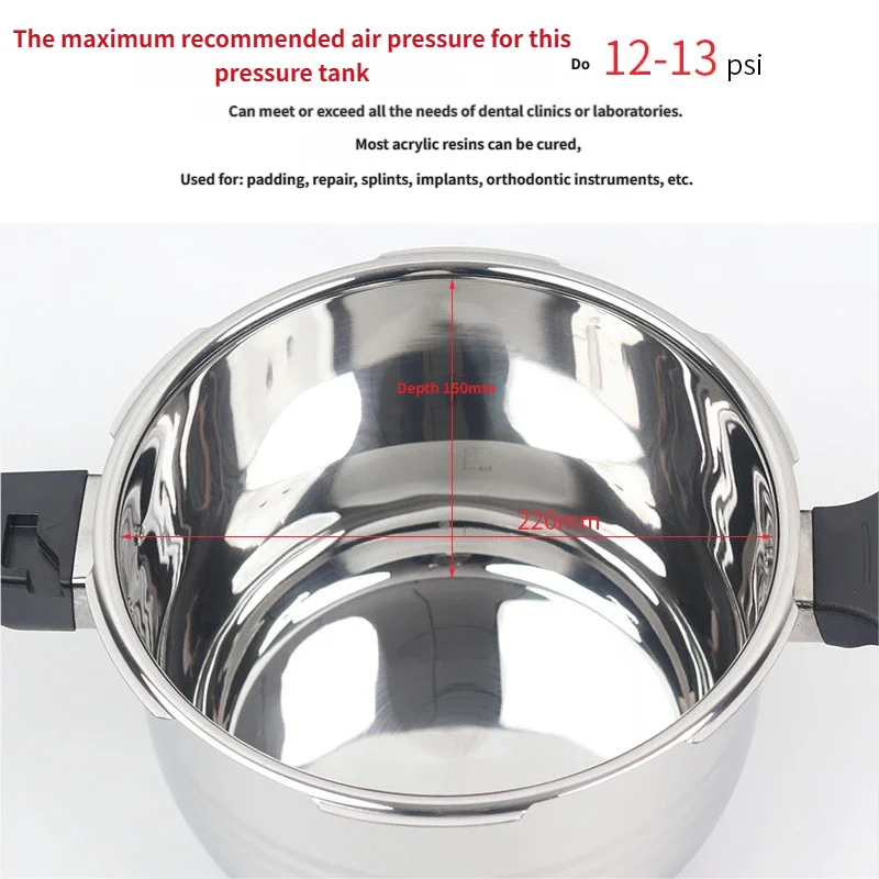 Dental Lab Denture Curing Pressure Pot Sterilizing Pneumatic Polymerizing Pot with Pressure Gauge.