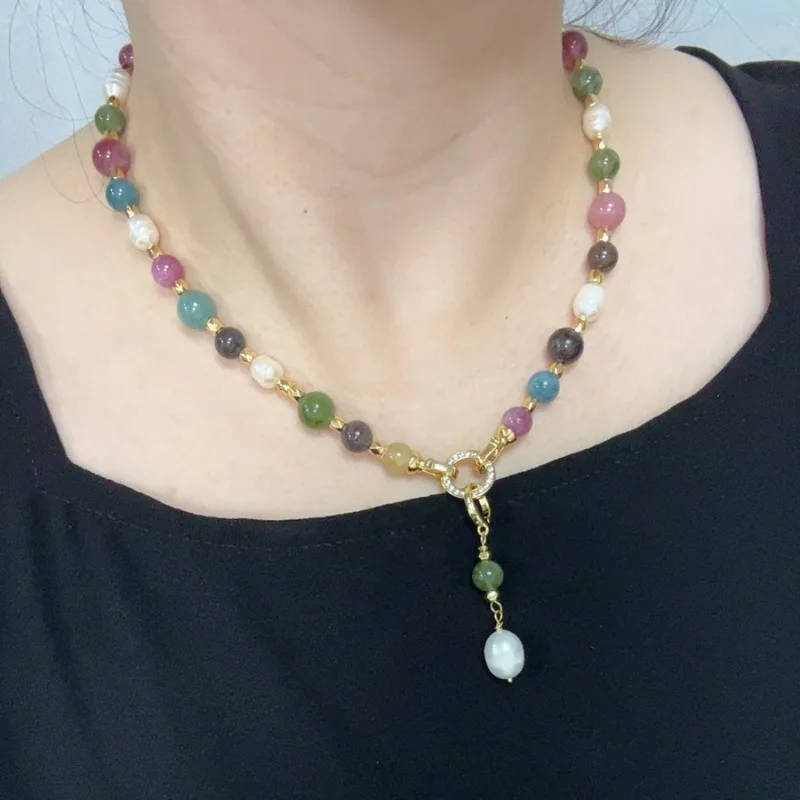 

Autumn Winter Simple High-end Colored Natural Stone Palace Retro Natural Pearl Necklace Fashion Y Pendant Women's Style Jewelry