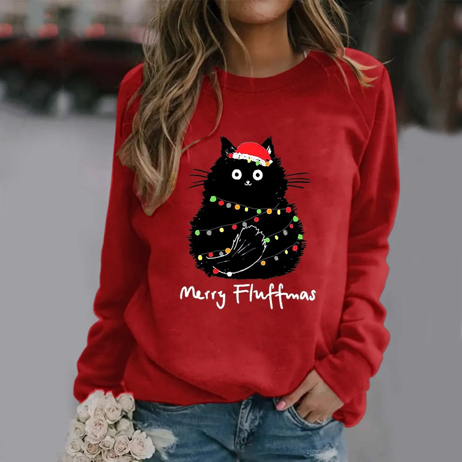 Weihnachten Damen T-Shirt Ugly Cat Print O Neck Sweatshirt Rundhals Fit Pullover Tops Langarm Weihnachten Hoodies Bluse weiblich