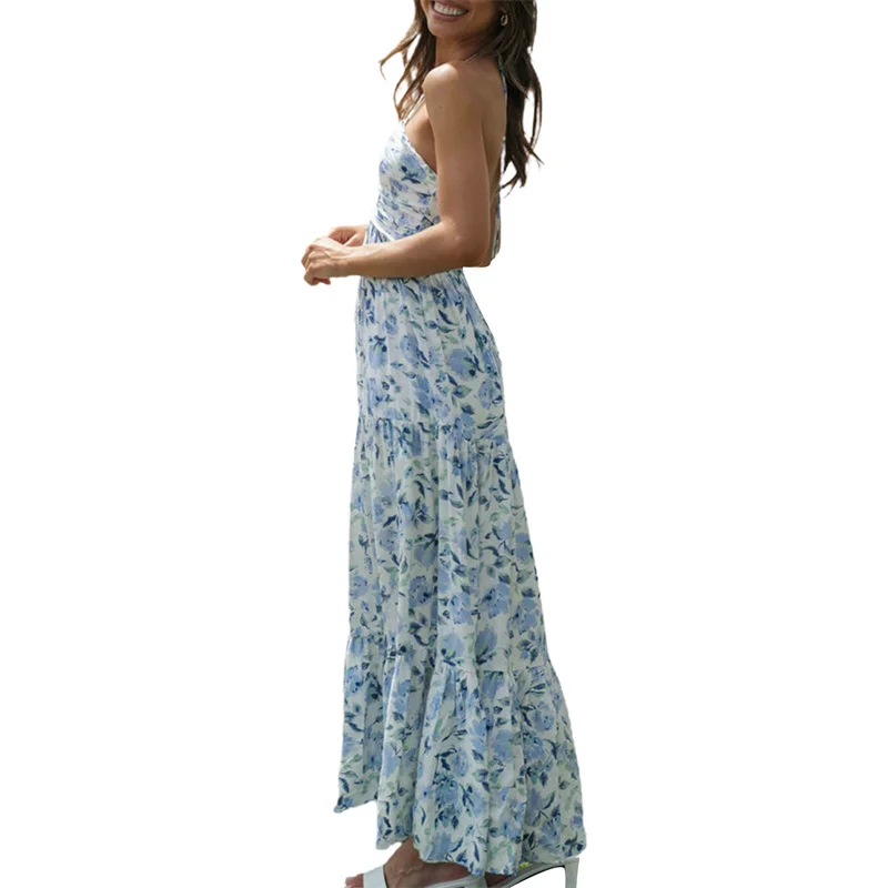 Vestido largo bohemio con estampado Floral para mujer, traje de verano con cuello Halter fruncido, Espalda descubierta, cintura alta, dobladillo con volantes, fiesta y playa