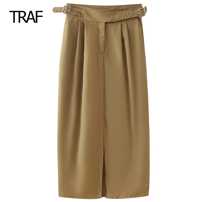 

TRAF Women's Skirt Summer 2024 Midi Slit Skirts Wrap Mid Waist Long Belt Skirt Korean Style Skirt Luxury Elegant Women's Skirts