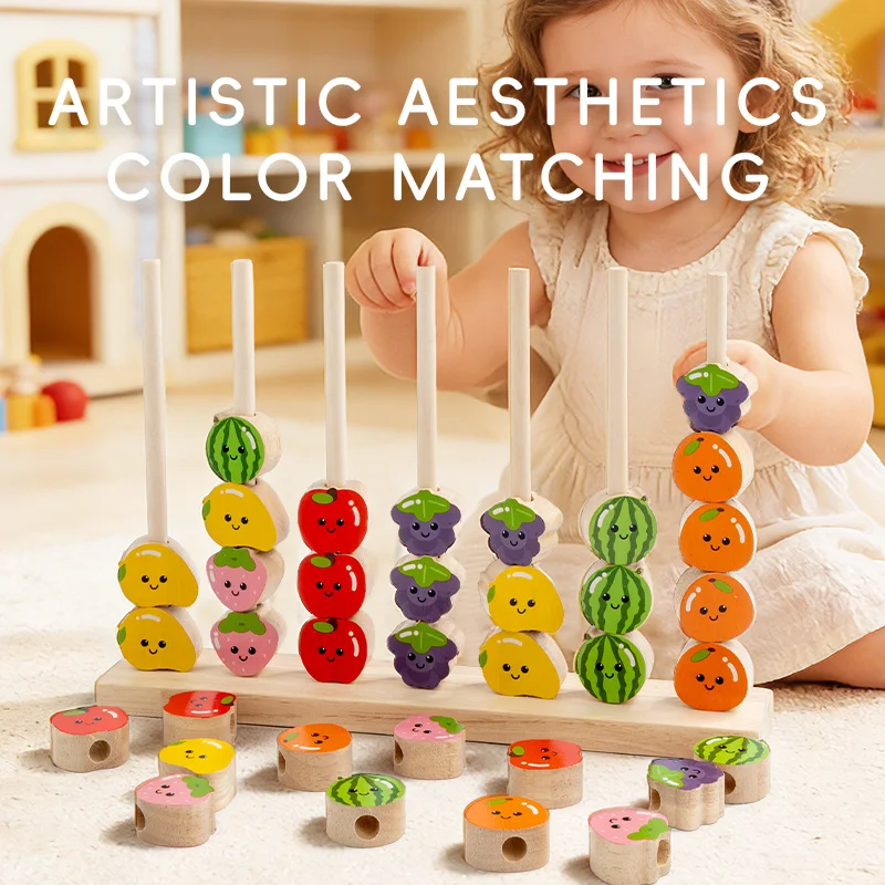 Juguete de madera DIY, fruta de dibujos animados, enhebrado, forma de Color, juego de rompecabezas a juego, juguete de cuentas de madera, juguete educativo Montessori
