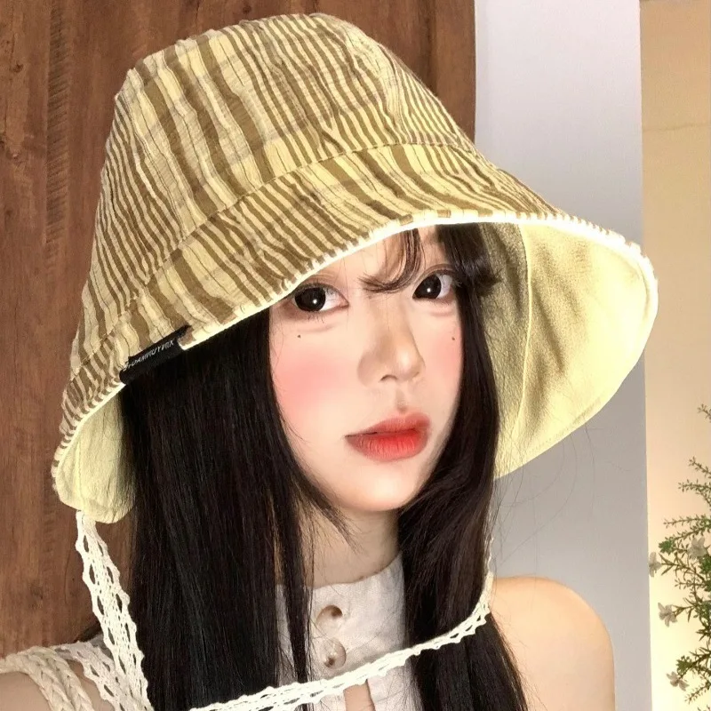 Japanese Fashion Check Strappy Bucket Hat Women's Summer Vacation Reversible on Both Sides with A Large Brim Sun Caps