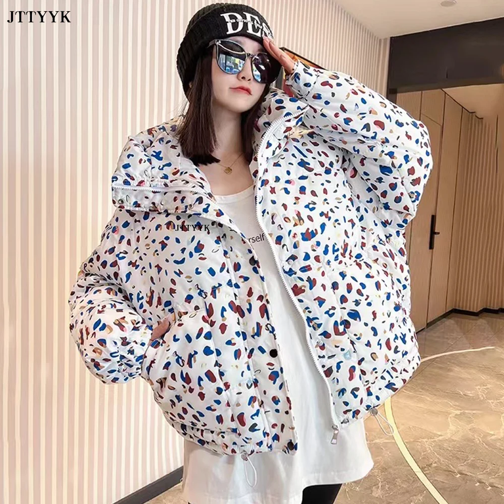 Warm Winter Down Jacket Women 2024 Graffiti Print Fashion Hooded Short Parka Girls Thick Streetwear Hip Hop Padded Coat Female