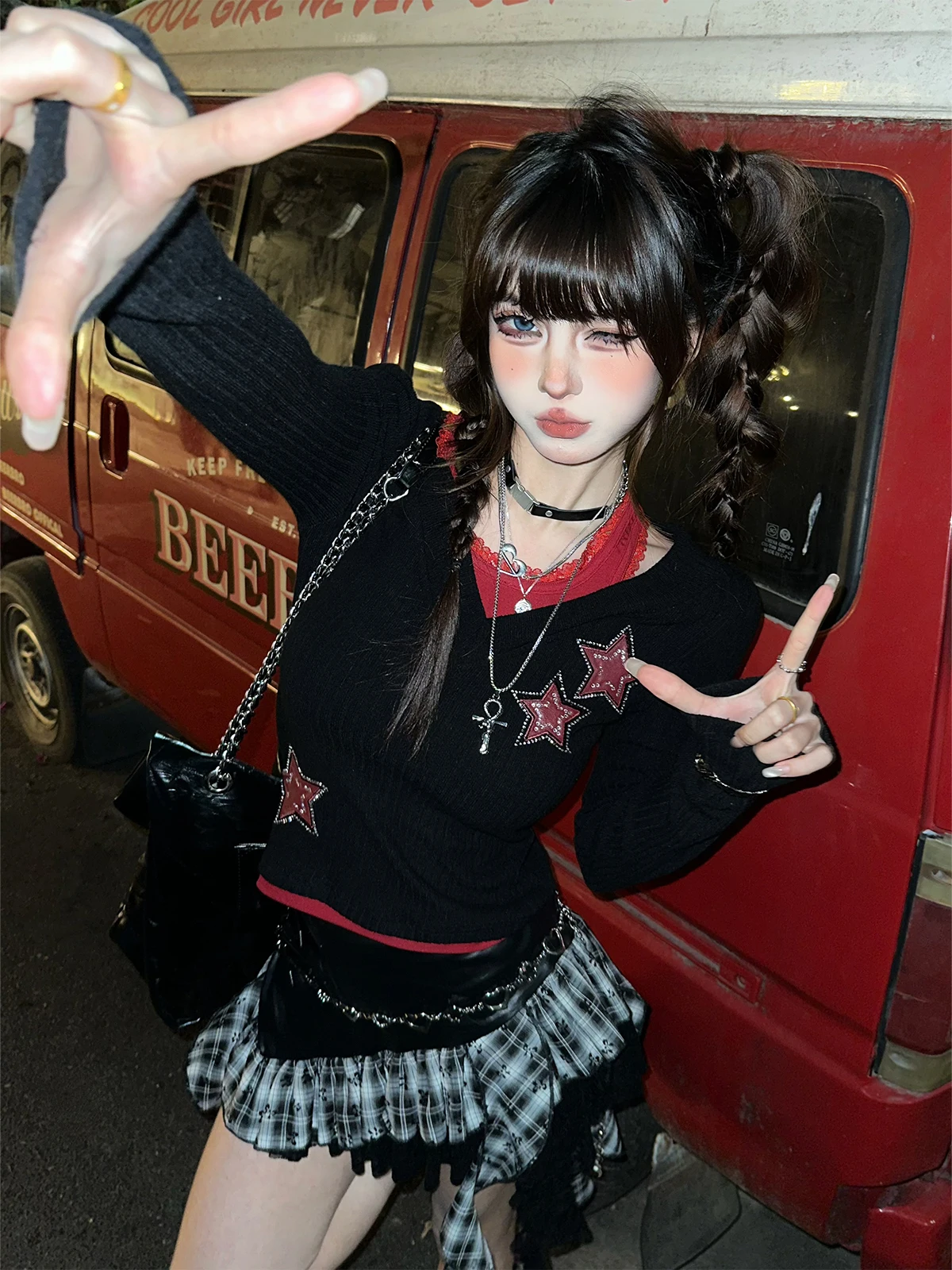 High Quality Hot Selling Wholesale Irregular Ruffle Edge Half Skirt Women's Plaid PU Leather Skirt Splicing Short Skirt Vintage