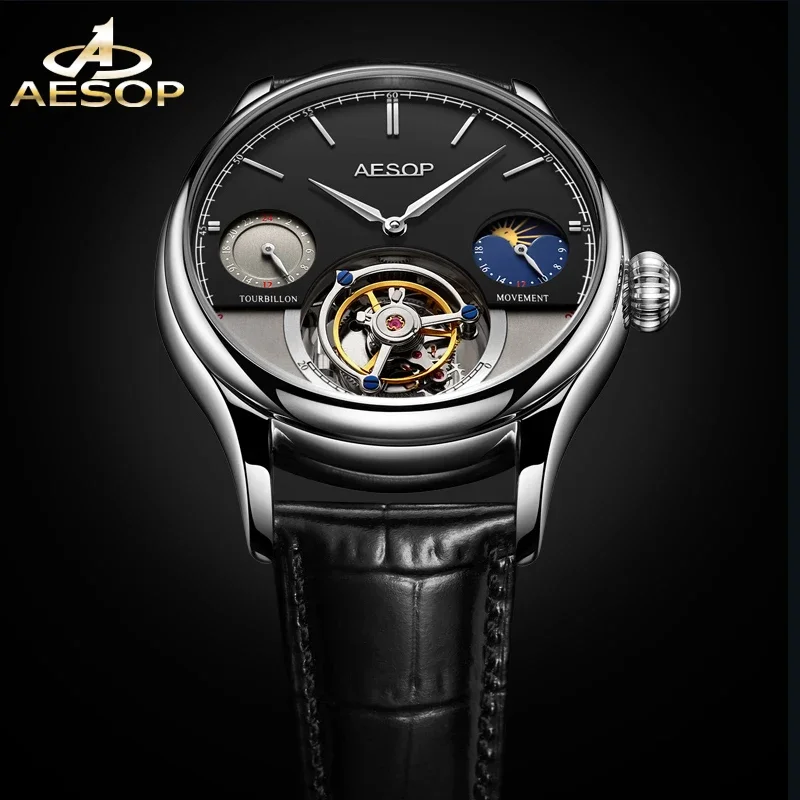 Aesop 7023 Manual Tourbillon Movement Stainless Steel Leather Sapphire Fashion Multi functional Dial Men\'s Mechanical Watch