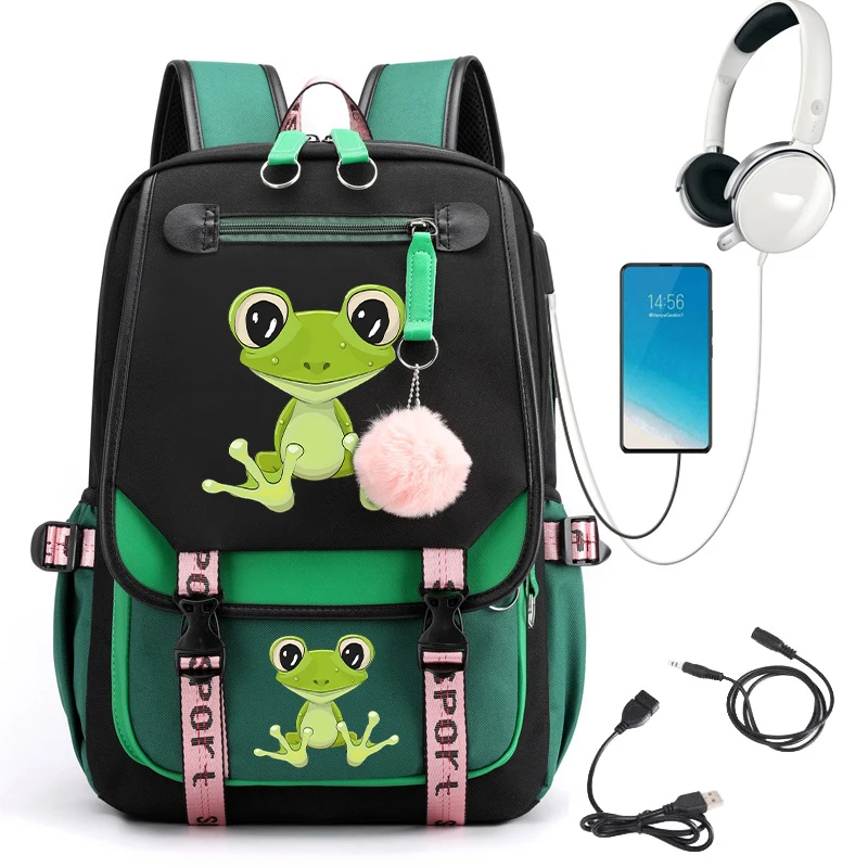 Mochila escolar Kawaii para estudiantes universitarios, morral impermeable con estampado de rana y dibujos animados, bolsa de viaje con Usb