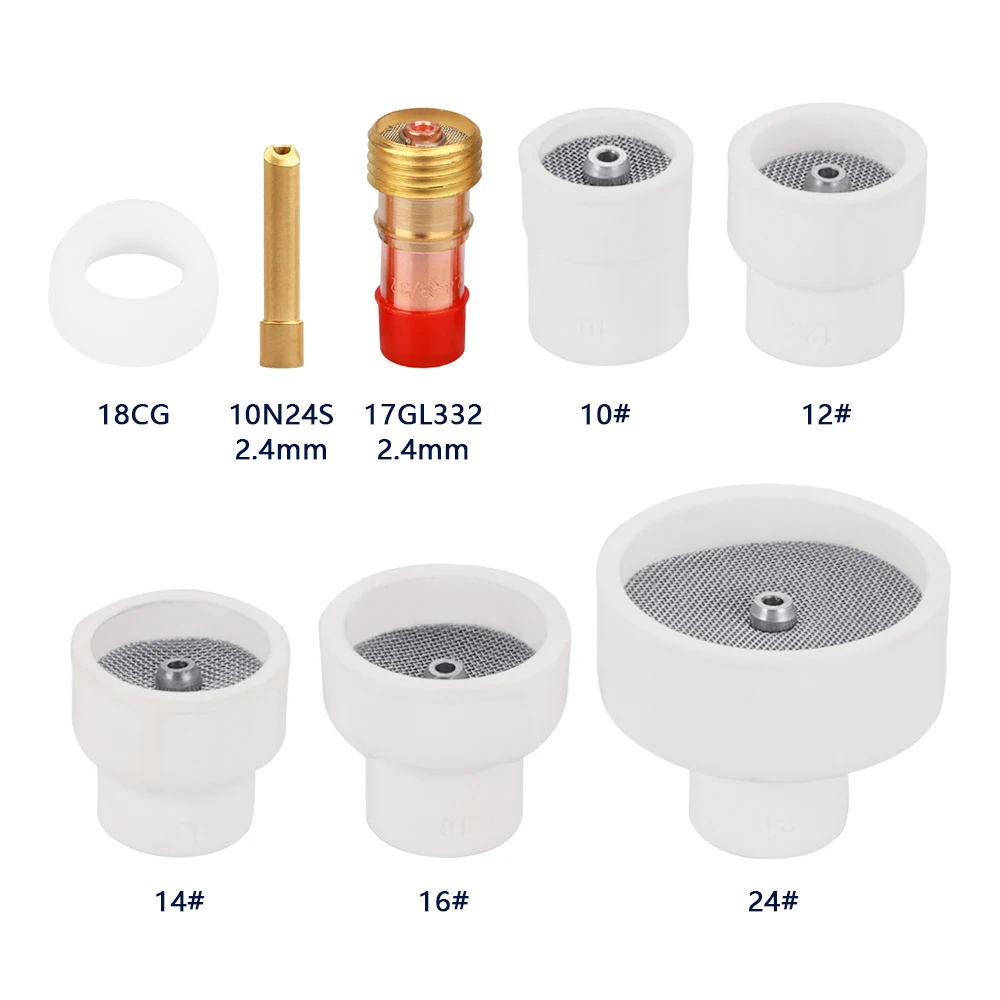 8 piezas # 10 # 12 # 14 # 16 # 24 boquillas de cerámica blanca, tazas de alúmina, pinzas rechonchas, juegos de lentes de Gas para el cuerpo, Kit de antorchas WP17/18/26, soldadura TIG