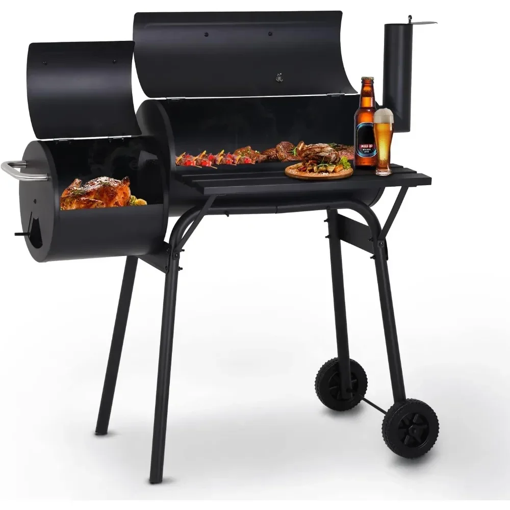 Charcoal Grills Outdoor BBQ Grill Offset Smoker with Wheels Side Fire Box Portable Barbecure Grill for Outdoor Cooking Backyard