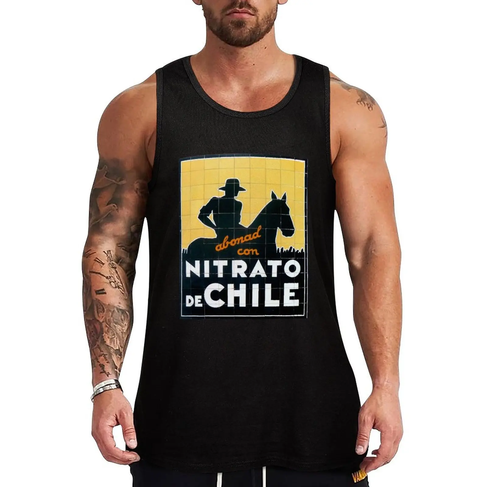 Camiseta regata com logotipo espanhol da cidade antiga de Nitrato de Chile, camiseta regata de corrida de secagem rápida, camisa esportiva sem mangas