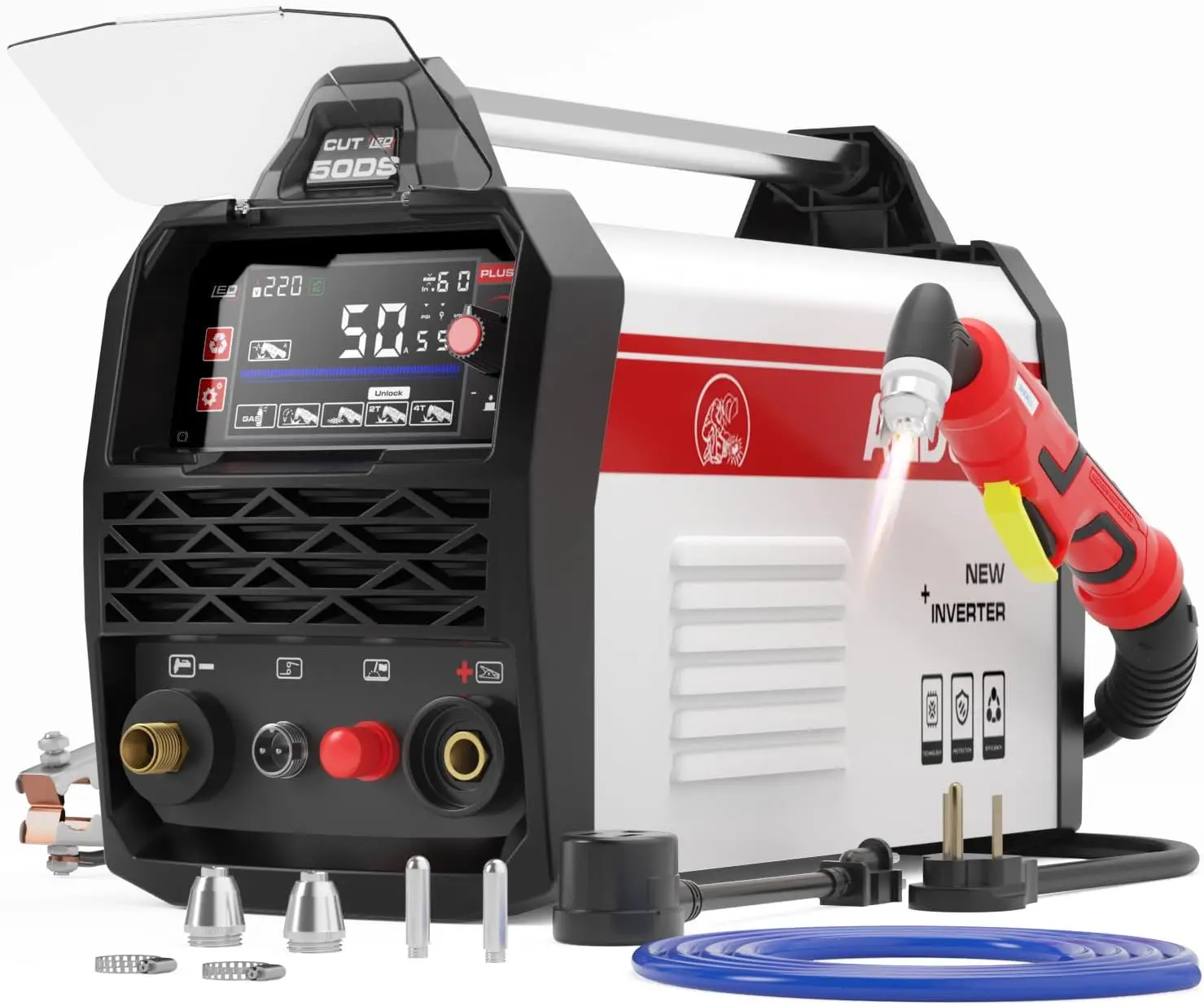 

Plasma Cutter, 50A Non-Touch Pilot Arc, 4.05' LED Display, 5/8' Clean Cut, 110/220V, for Beginners DIY