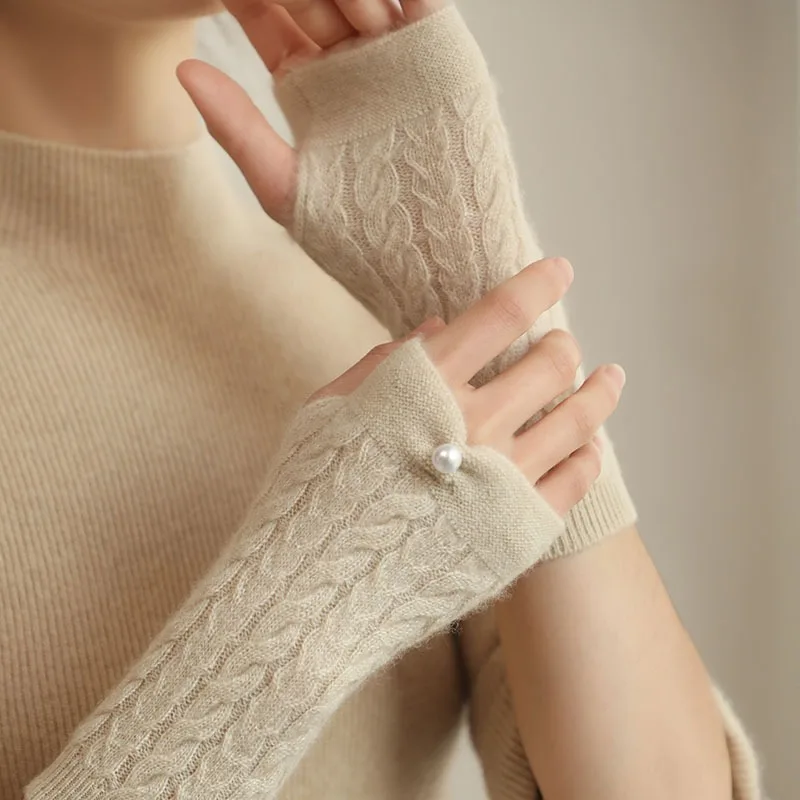 100% Real Cashmere Autumn Winter Thick Cable Gloves Mitten Fingerless Warm Wrist Length Thumb Hole Mitts Classic Female Elegant