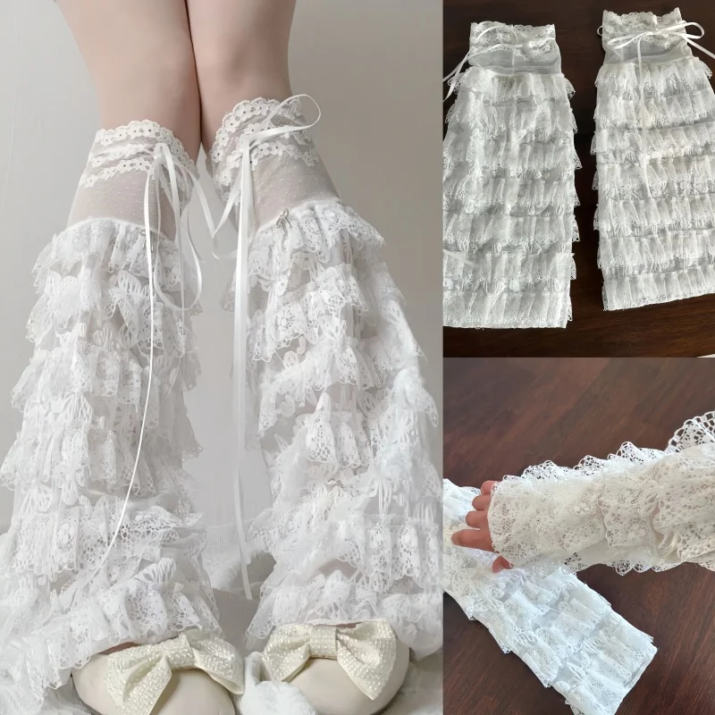 

Новая японская субкультура Y2k, многослойная защита рукавов, женские милые кружевные леггинсы с бантом и оборками, сетчатый длинный чехол для торта в стиле Лолиты