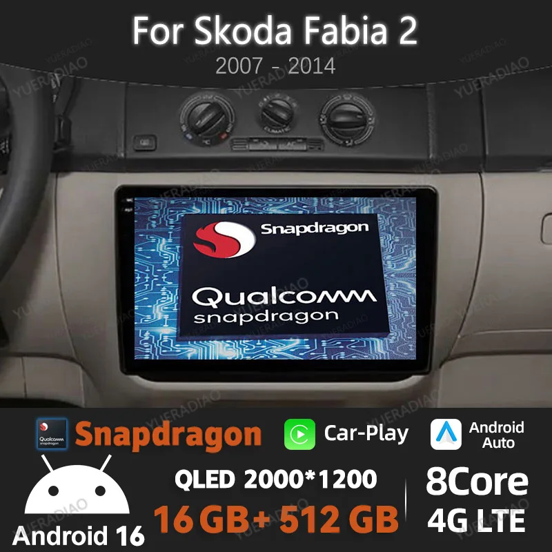 Autoradio Android 16 pour Skoda Fabia 2 2007 - 2014, lecteur vidéo multimédia stéréo 2DIN, unité principale Qualcomm 4G WIFI GPS NAVI BT