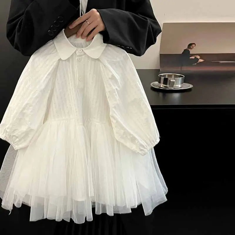 

children's patchwork mesh dress baby temperament solid color shirt dress Girls' dress 2025 autumn stylish new