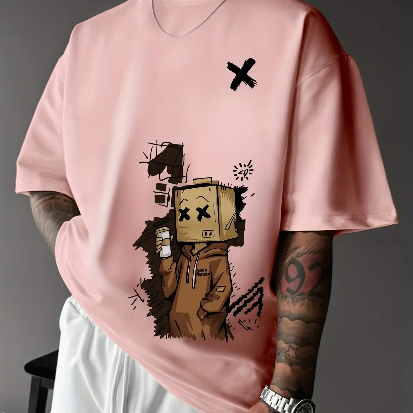 T-shirt à manches courtes et col rond pour hommes, 100% pur coton, à la mode, sport décontracté, ample, tendance, poupée graffit