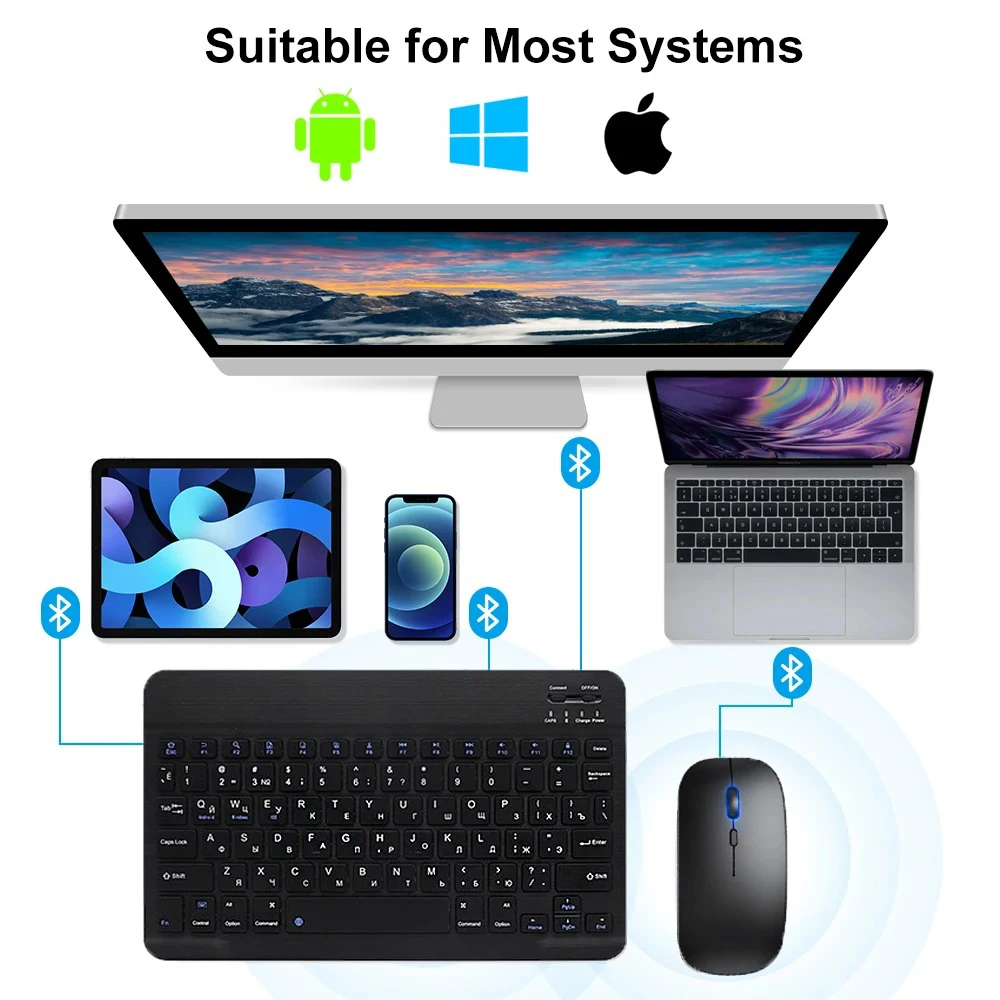 

10-Inch Bluetooth Keyboard and Mouse Set, Dual Mode For Windows 10, Wireless Connection, Black, Rechargeable