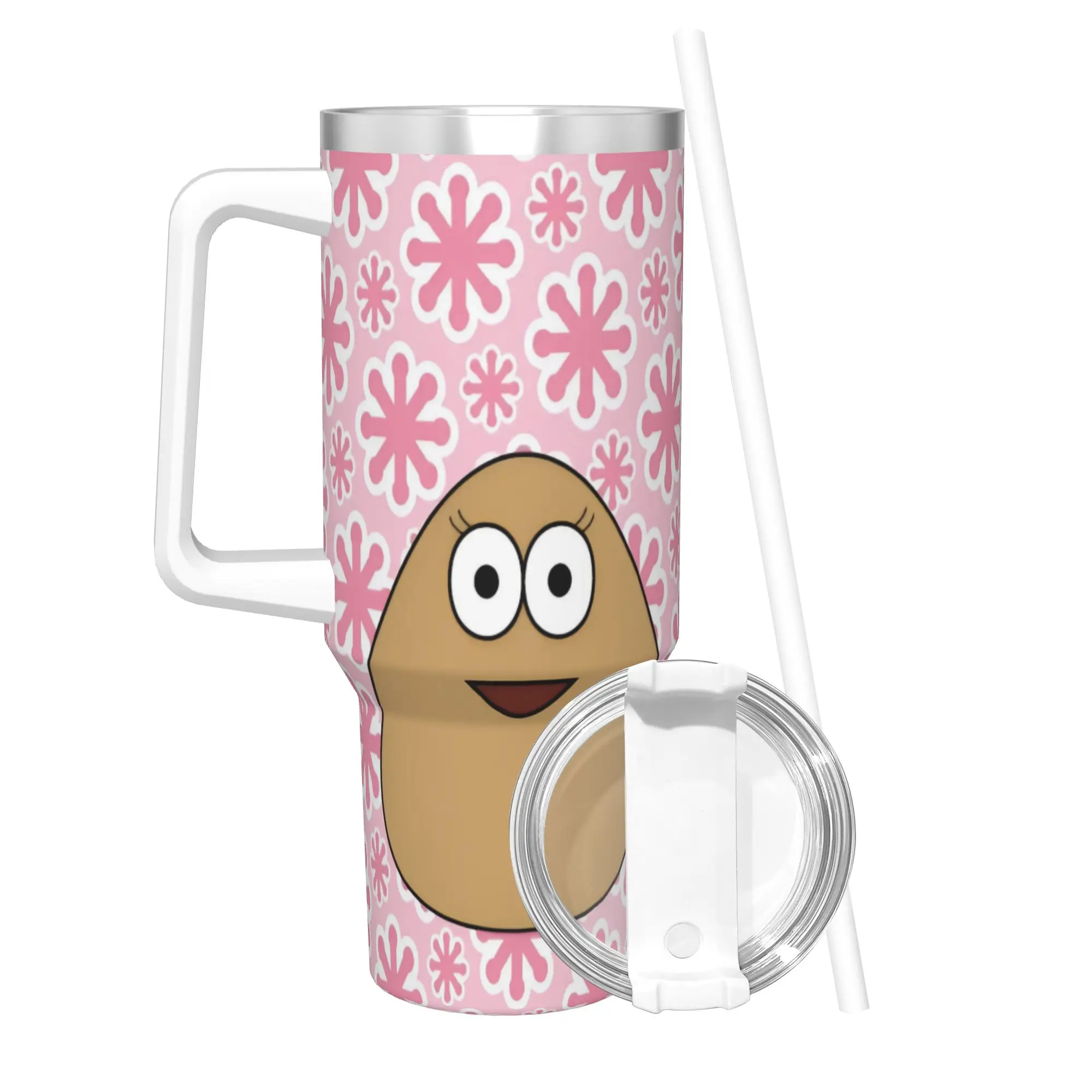 My Pet Alien Pou Tumbler With Straw  Stainless Steel Travel Mug Double Wall Vacuum Insulated for Cold Or Hot 40oz