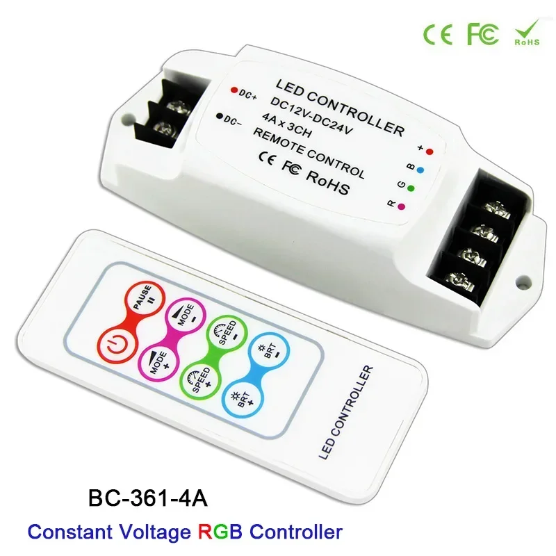 

Bincolor 12V 24V RGB full color LED Strip Light Controller with RF Wireless remote BC-361-4A 4A/CH*3 3CH lamp tape dimmer switch