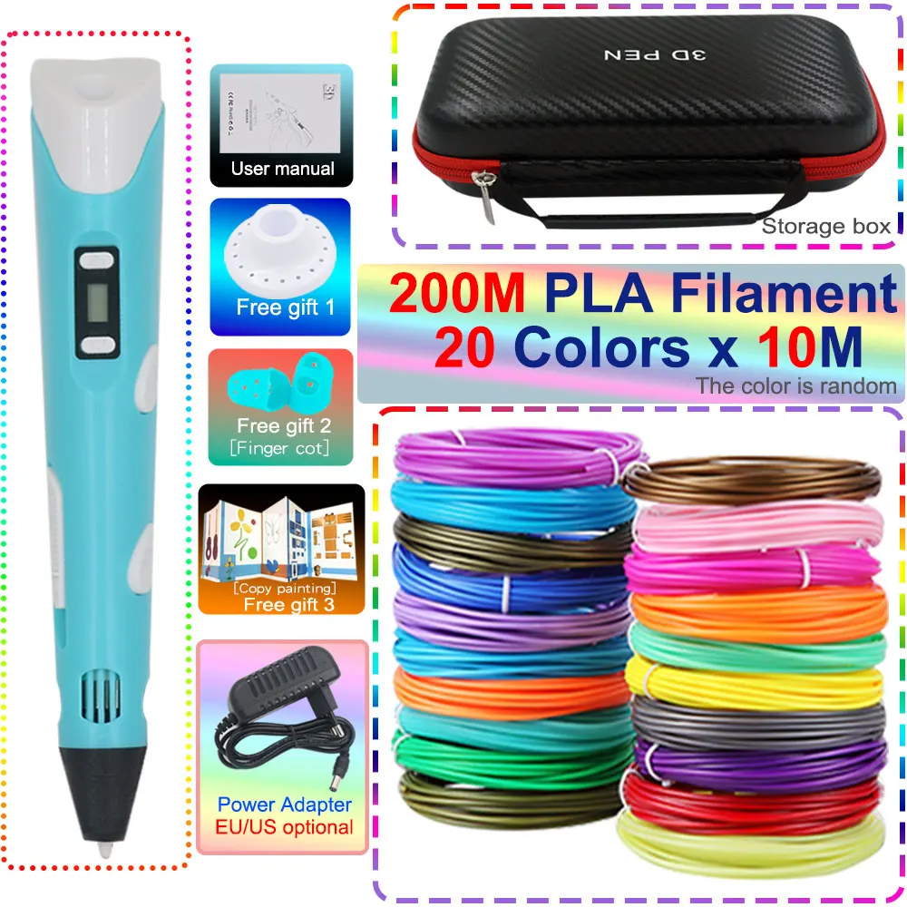 Novel Creative Children's 3D Printing Pen Set with LCD Display Power Adapter Travel Box PLA Filament Boys Girls Christmas Gift