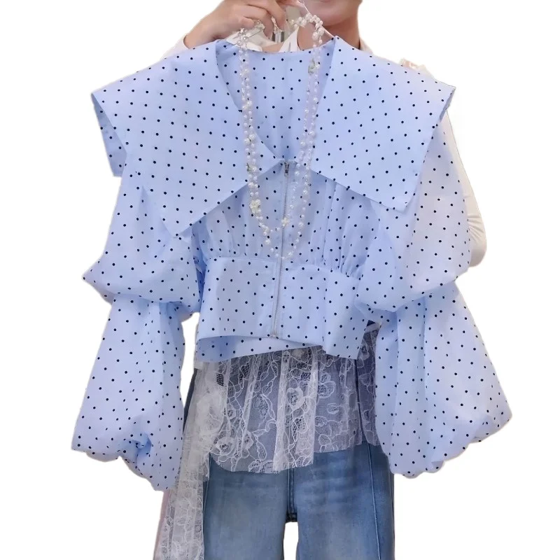 Sweet Age-reducing Light Blue Polka Dot Bubble Sleeve Top Women's Spring and Summer Waist Zipper Design Sense Niche Short Shirt