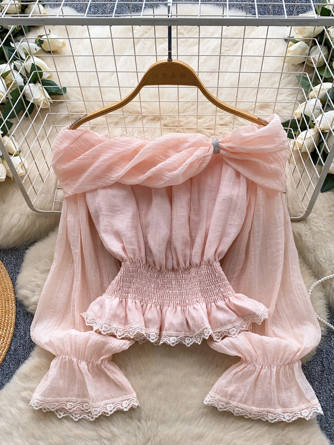 

Women's Pink Shirts Blouses Vintage Elegant 2000s Long Sleeve Off Shoulder Lace Patchwork Slash Neck Shirt Clothes Spring Autumn